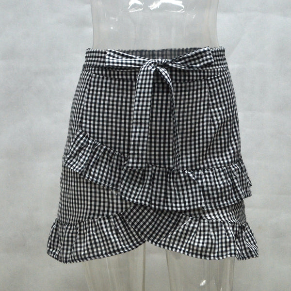 Fashion Adjustable Lace-up Bowknot Waist Falbala Irregular Lattice Very Very Short Mini Sexy Lady Skirts