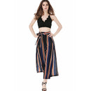 Elegant Wide Leg Lace Up Waist Side Slit Holiday Beach Style Sex Vertical Striped Pants For Women