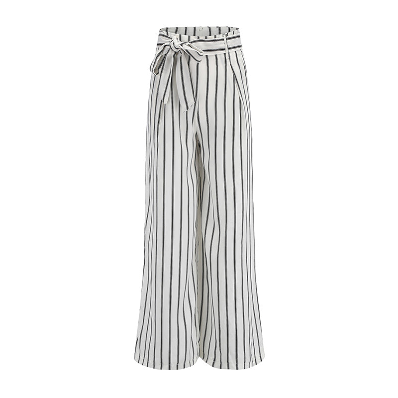 Fashion Trendy Stripes Office Lady Style Wide Leg Lace Up Waist Ladies Cotton Sweatpants