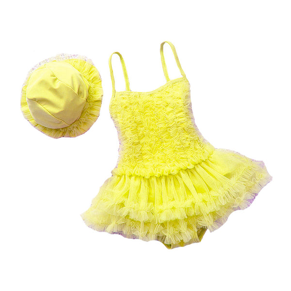 2Pcs Set Kids Hot Sale Off Shoulder Conjoined Dress Style Cute Strap Swimsuit With Hat