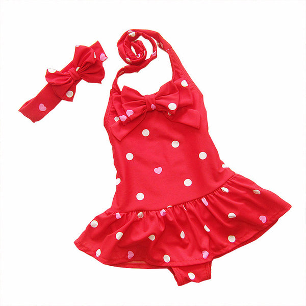 2Pcs Set Kids Hot Sale Conjoined Dress Style Cute Bowknot Swimsuit With Headband