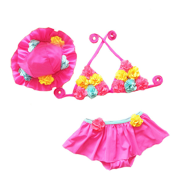 3Pcs Set Kids Divided Cute Off Shoulder Flowers Bikini Swimsuit With Hat