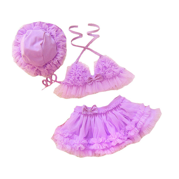 3Pcs Set Kids Solid Color Divided Cute Off Shoulder Bikini Swimsuit With Hat