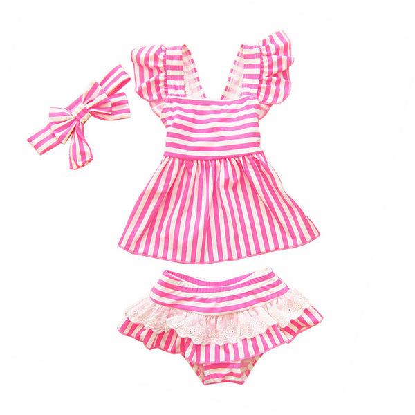 3Pcs Set Kids Divided Stripes Style Lace Cute Swimsuit With Headband