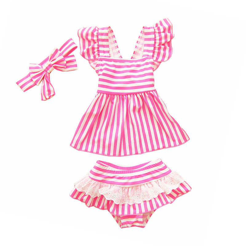 3Pcs Set Kids Divided Stripes Style Lace Cute Swimsuit With Headband