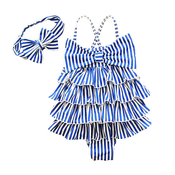 2Pcs Set Kids Conjoined Stripes Style Sweet Cute Bowknot Swimwear With Headband
