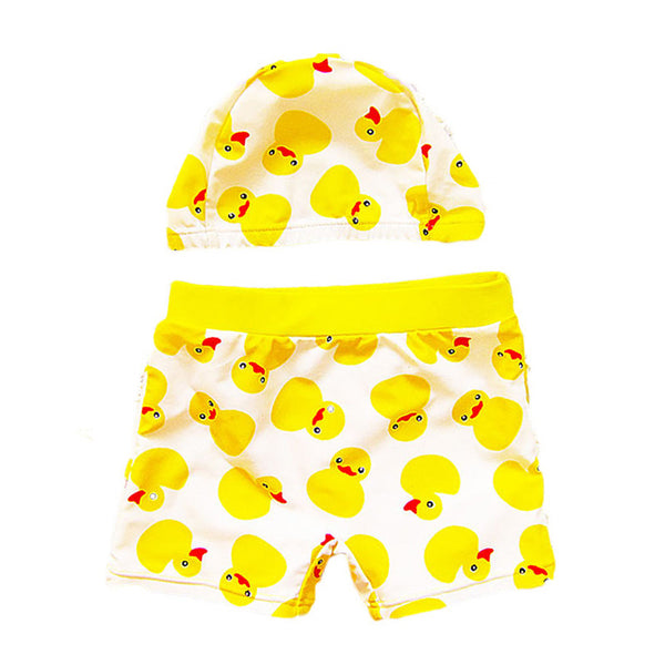 2Pcs Set Kids Hot Sale Cute Little Ducks Boxer Swimming Trunks With Cap