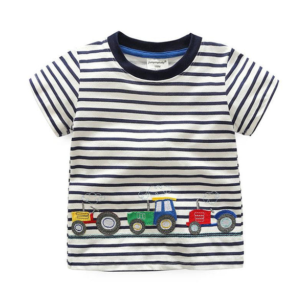 New Arrived Litter Boys Cute Round Neck Stripe Car Embroidery Soft Kids T-Shirts Cotton T-Shirts
