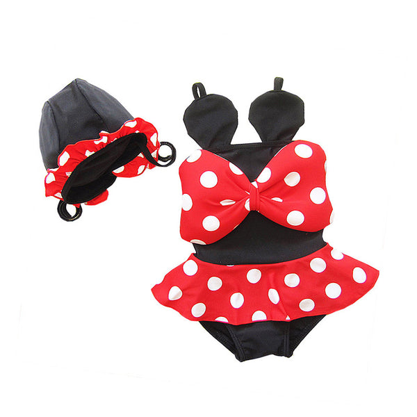 2Pcs Set Children Conjoined Dress Style Sweet Cute Cartoon Bowknot Swimwear With Hat