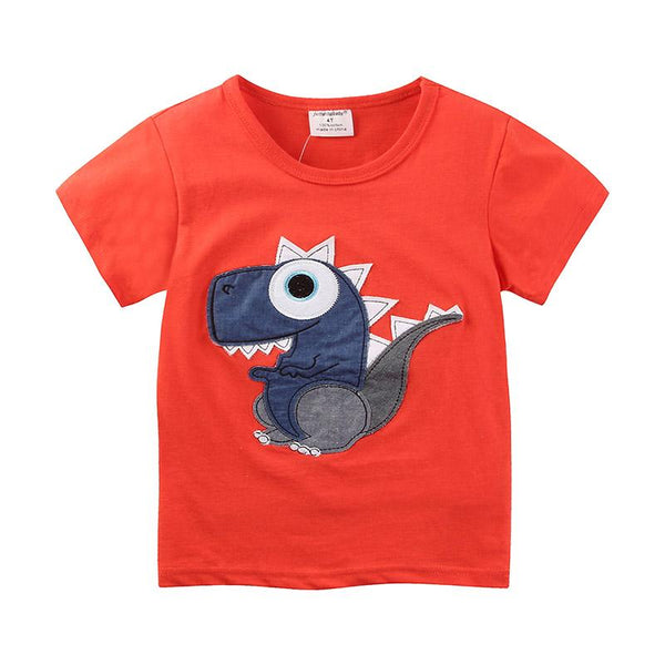 Boys Round Neck Orange Small Dinosaur Printed Soft Super Soft Cotton T-Shirts Trend T-Shirts