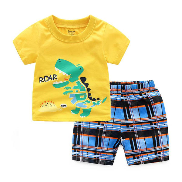 New Arrived 2Pcs Set Plaid Pattern Shorts And Round Neck Various Car Printed Kids Slim Fit Cotton T-Shirts