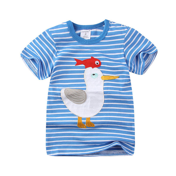 Fashion Boys Round Neck Stripe Seagulls And Fish Embroidery Super Soft Cotton T-Shirts Latest Model Tops