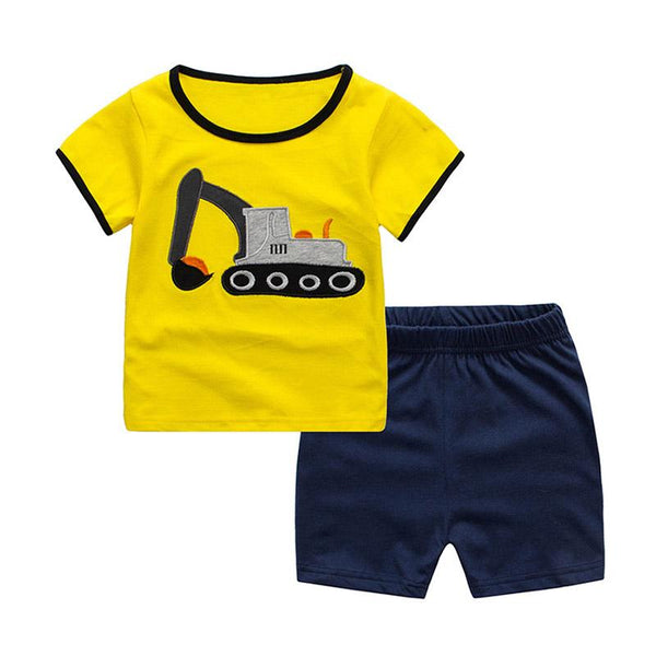 New Arrived  2Psc Set Solid Color Shorts And Yellow Excavator Printed Kids Plain Personalized T Shirts