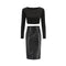 Woman Fashion Style Long Sleeves Crop Tops And High-waisted Tight PU Skirt 2Pcs Set