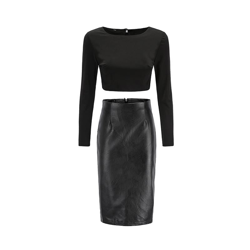 Woman Fashion Style Long Sleeves Crop Tops And High-waisted Tight PU Skirt 2Pcs Set