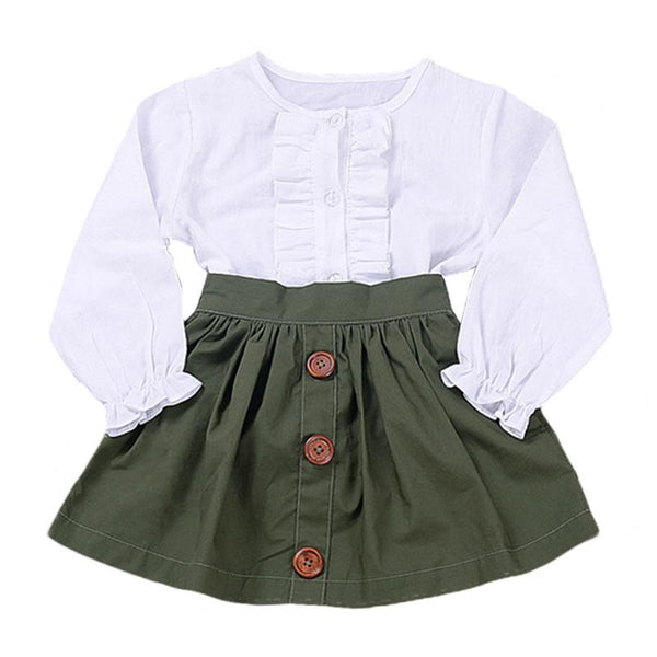 2Pcs Set Cotton Green Button Skirts White Long Sleeve Lace Ruffle Cute Slim Fit Shirts