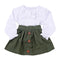 2Pcs Set Cotton Green Button Skirts White Long Sleeve Lace Ruffle Cute Slim Fit Shirts