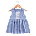 Hot Selling Cotton Blue Sleeveless Front Lace Button Fresh Pretty Children Girl Dress