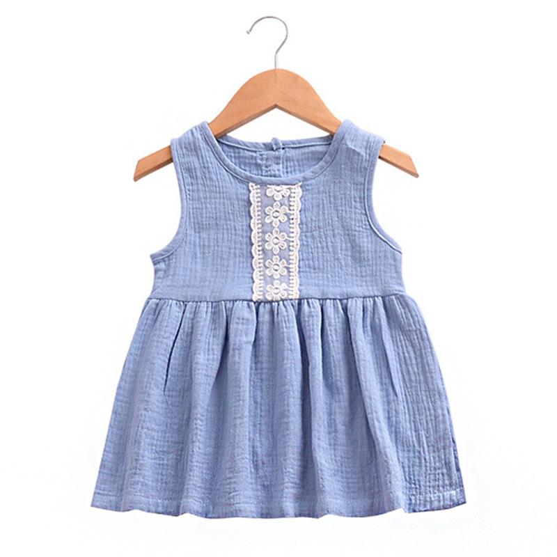 Hot Selling Cotton Blue Sleeveless Front Lace Button Fresh Pretty Children Girl Dress