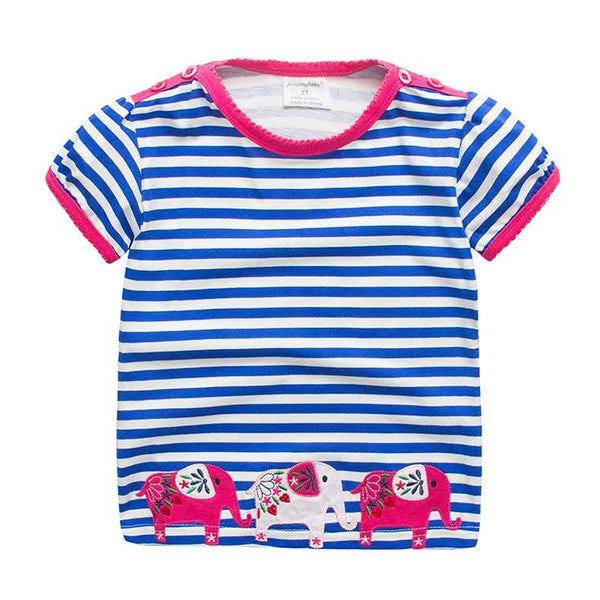 New Arrived Blue Stripe Short Sleeve Button Lovely Three Elephants Printed Trend Design Cotton Tops