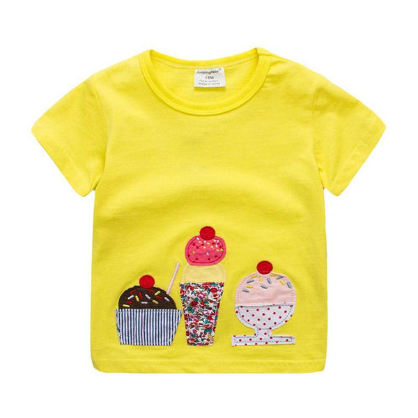 New Arrived Yellow Cotton Round Neck Cake Drink Food Printed Graphic Trend Design Tops
