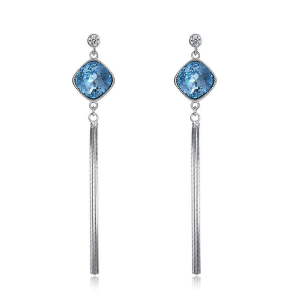 Women Luxury Unique Design Long Pendant Blue Crystal S925 Silver Swarovski Element Earrings