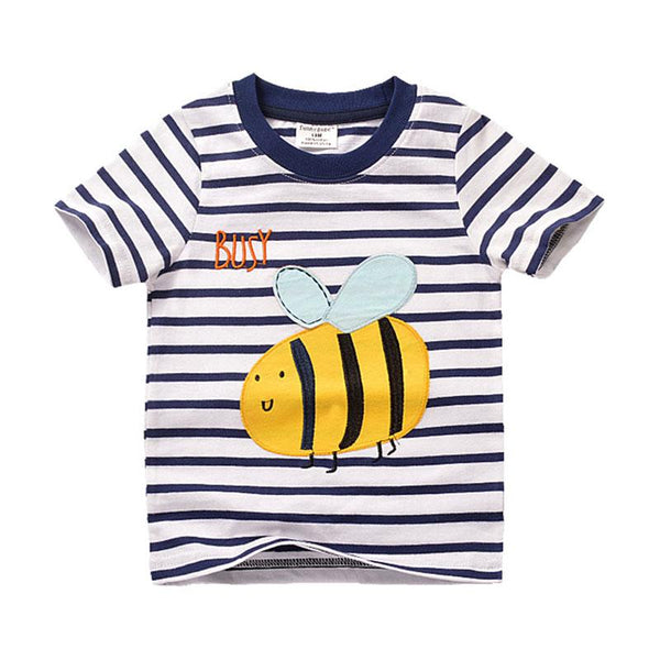 New Arrived Black Short Sleeve Round Neck Cute Bee Embroidered Bulk Striped Cotton Trend T-Shirts