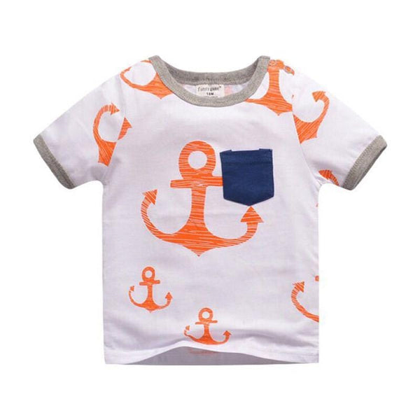 Wholesale White Round Neck Blue Pocket Boat Anchor All Over Print Graphic Cotton Baby Girl Tops