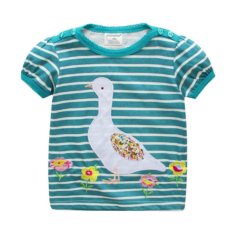 Blue Color Round Neck Stripe Pretty Goose Printed Girls' New Pattern Design Cotton T-Shirts