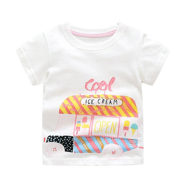 Latest Style White Round Neck Cool Ice Cream Car Printed Graphic Cotton Tops For Girls