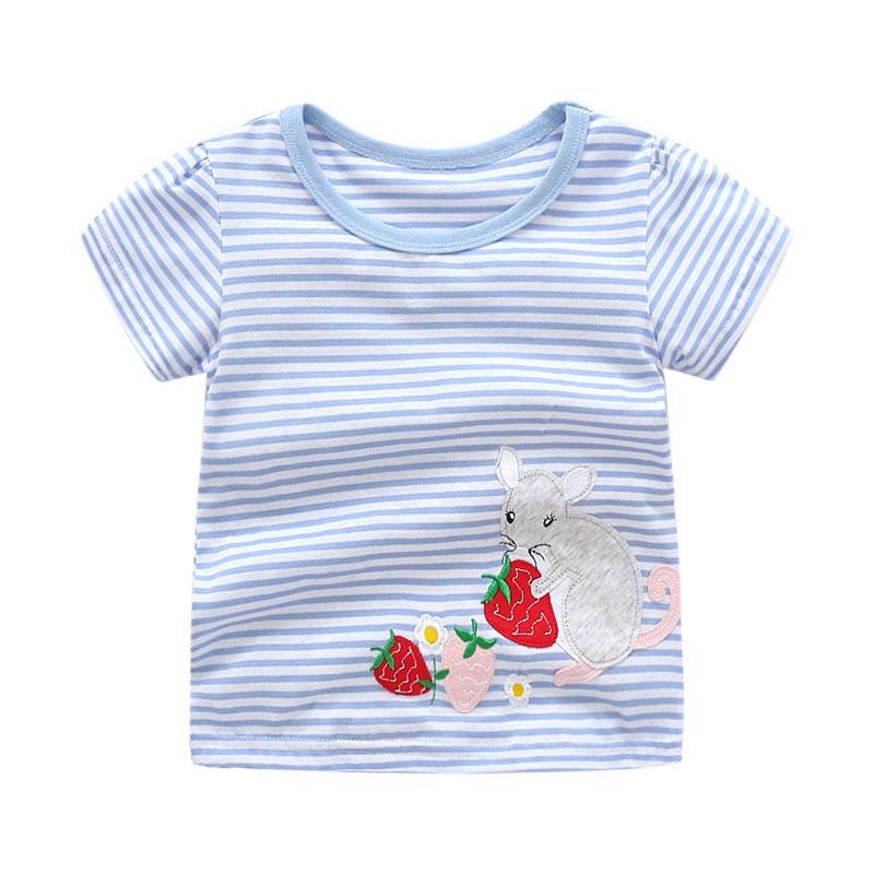 Blue Stripe Short Sleeve Mouse Eat Strawberry Printed New Model Funny Design Cotton T-Shirts