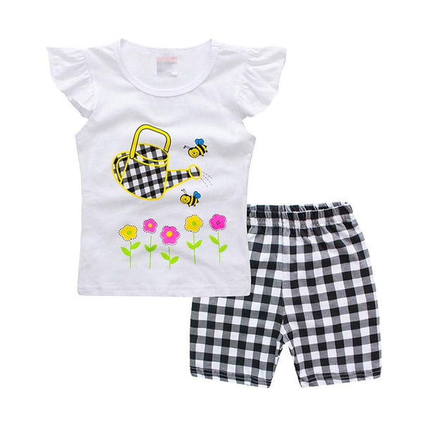 2Pcs Set Black Plaid And White Round Neck Bee And Flower Printed Latest Model Cotton Little Girl Tops