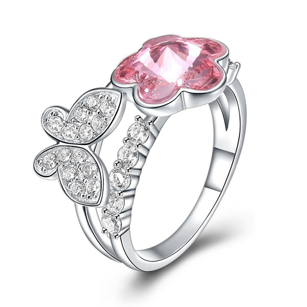 Luxury Unique Design Flower And Butterfly Shape S925 Silver Zircon Crystal Swarovski Element Ring