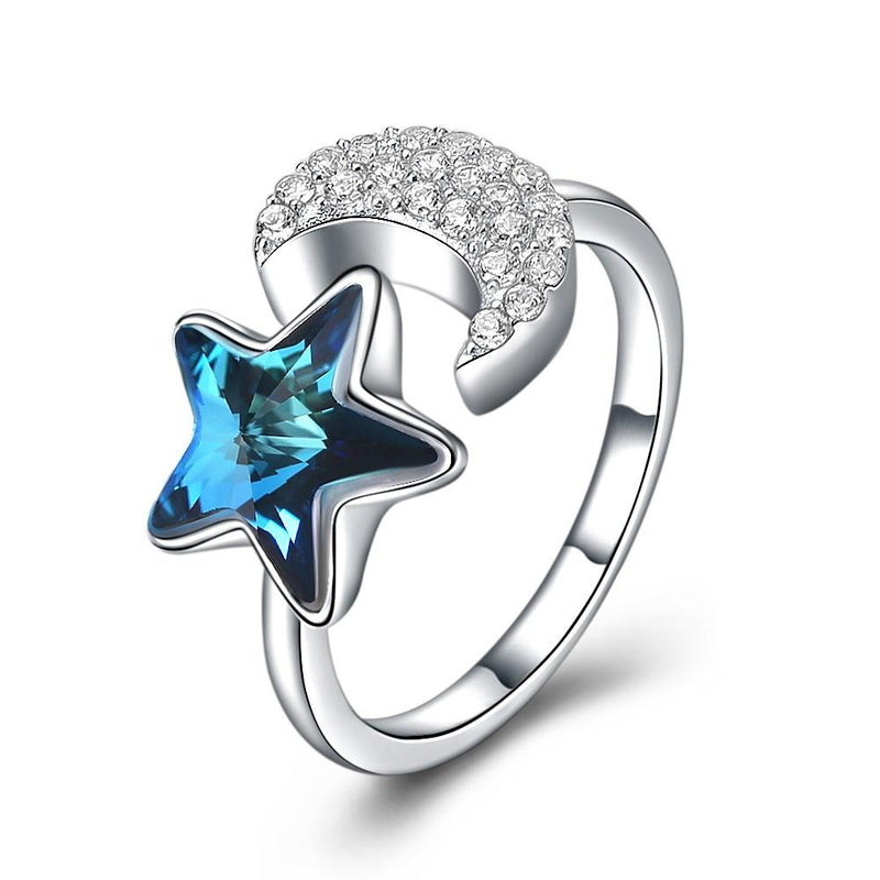 New Design High Quality Moon And Star Shape S925 Silver Blue Zircon Crystal Party Ring