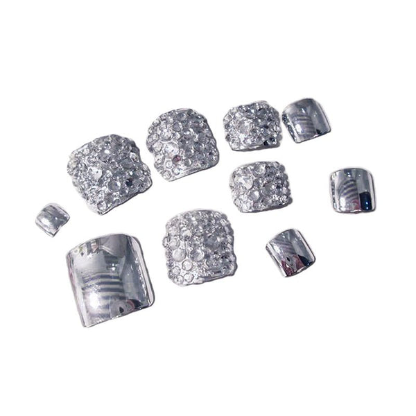 Metallic Silver False Toenails Decorated In Silver Metal Artificial Nails With 2g Nail Glue