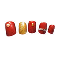 24pcs Fashion Trendy Red Gold Color 3D Diamond Artificial Fingernail With 2g Nail Glue