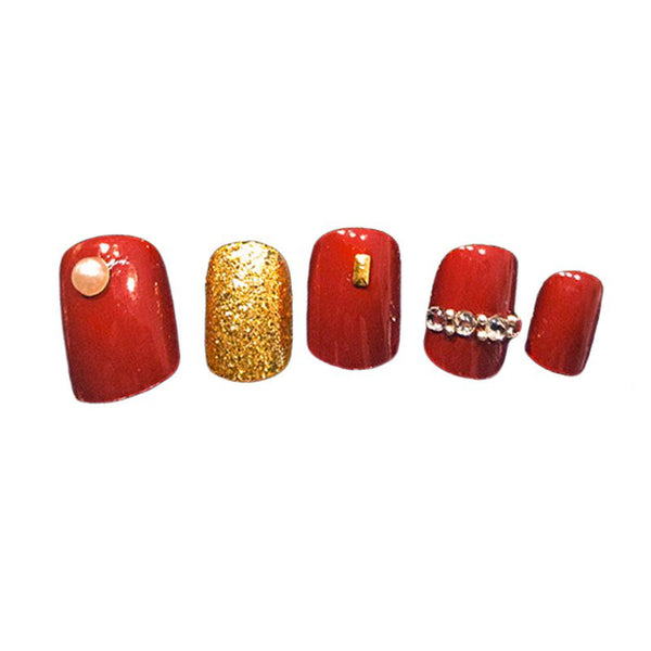 24pcs Fashion Trendy Red Gold Color 3D Diamond Artificial Fingernail With 2g Nail Glue