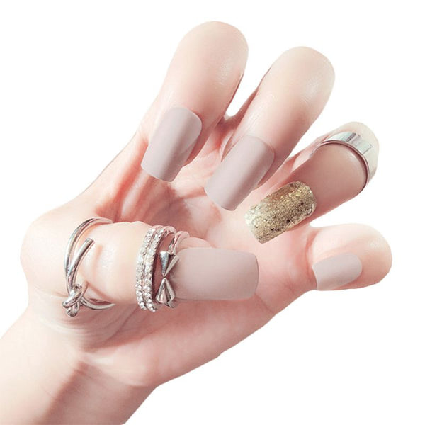 High Quality Matte Frosted Elegant Medium Length Sequined Fake Finger Nail Patch
