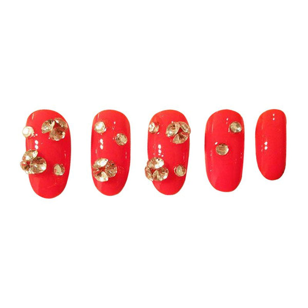 Fashion Happy Red Bridal False Artificial Fingernails With 3D Diamond Decorated For Women Wedding