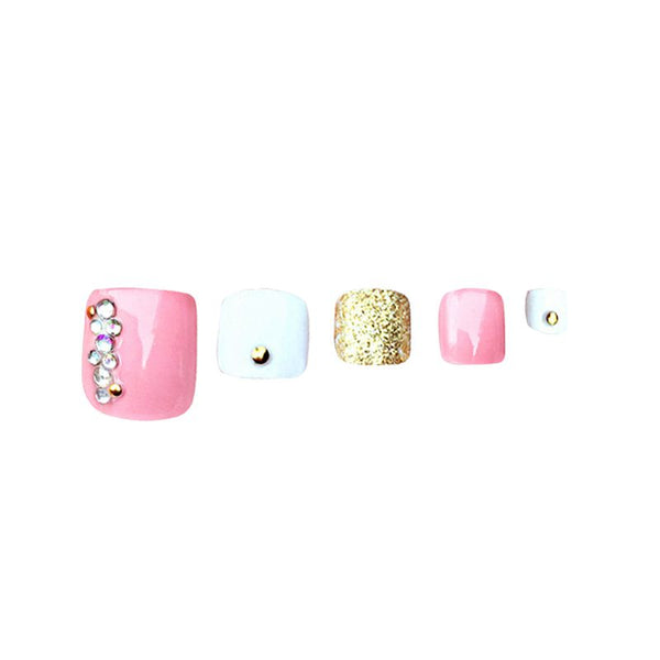 Crystal Pink White Glitter Gold Diamond Decorated Fashion Sweet Girl's Artificial Toenails Piece With Nail Glue