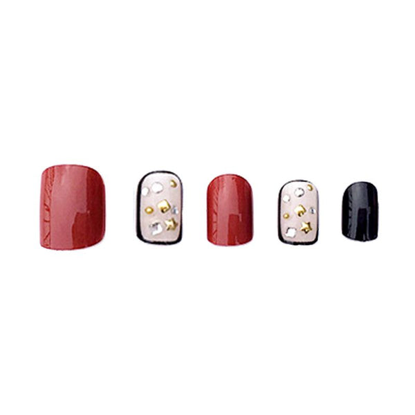 Fashion Red Black Short Length Gold Rivets Decorated Artificial Fake Fingernails Piece For Beauty