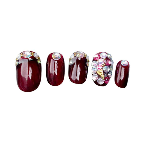 Magazine Recommend Fashion Wine Red 3D Artificial Coloured Diamond Full Cover Fake Fingernails For Wholesale
