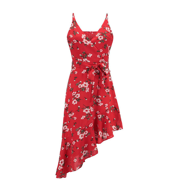 Elegant Women New Design Bright Red Color Floral Printed V Collar Irregular Hem Dress