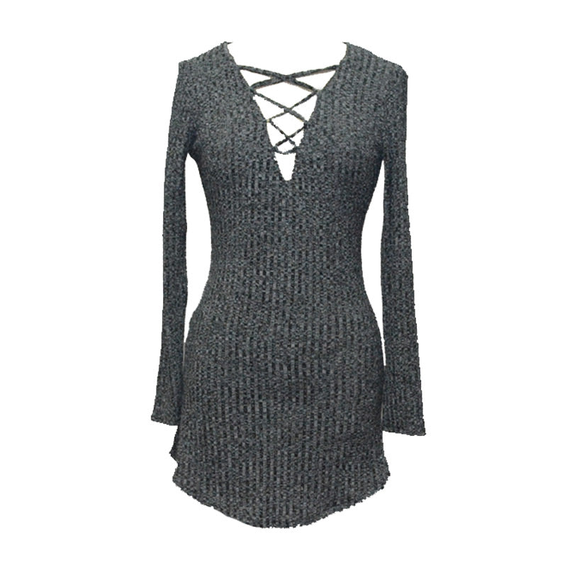 New Design Sexy Lady Knitting Long Sleeves V Collar Lace Up Slim Dress