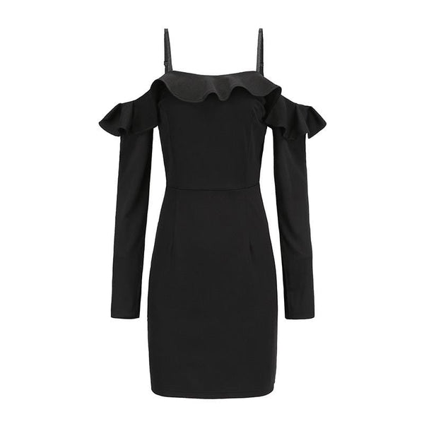 Women Fashion Solid Black Color Off-shoulder Flouncing Fluttering Sleeves Dress