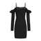 Women Fashion Solid Black Color Off-shoulder Flouncing Fluttering Sleeves Dress