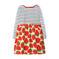 Girls Cotton Short Sleeve Stitching Color Black Stripe And Strawberry Printed Outdoor Latest Dress Designs