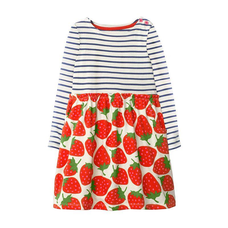 Girls Cotton Short Sleeve Stitching Color Black Stripe And Strawberry Printed Outdoor Latest Dress Designs