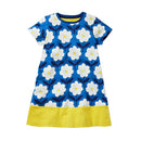 Hot Selling Girls Blue And Yellow Short Sleeve Cute White Floral Printed Latest Children Dress Designs
