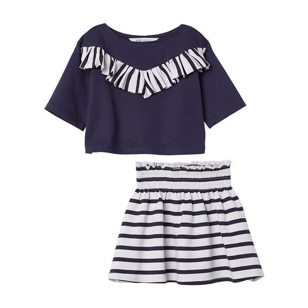2Pcs Set Black Stripe Skirts And Stripe On The Chest Short Sleeve Cute Cotton Kids Tops